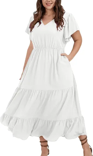 Women Plus Size Wedding Guest Dress V Neck Ruffle Short Sleeve Pleated Boho Elastic High Waist Midi A Line Dresses