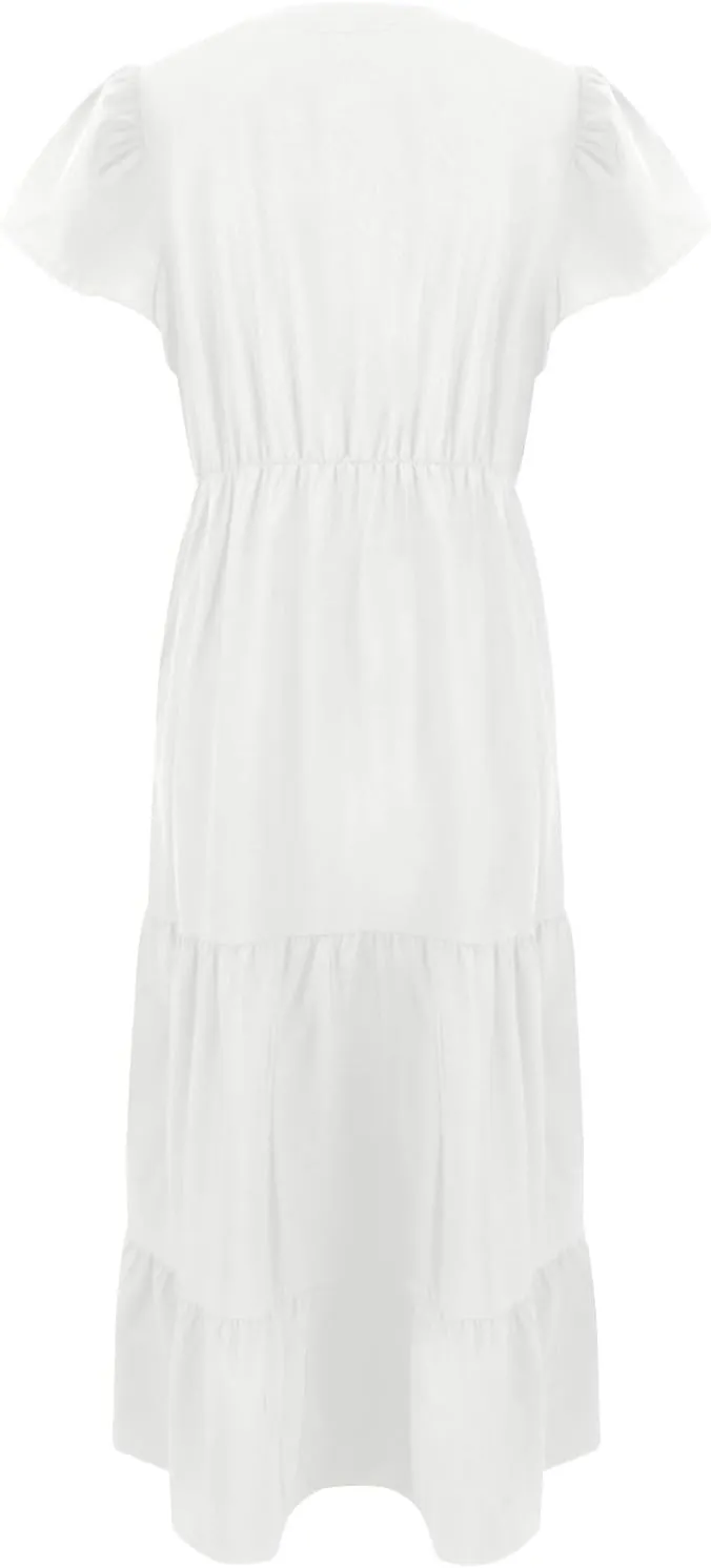 Women Plus Size Wedding Guest Dress V Neck Ruffle Short Sleeve Pleated Boho Elastic High Waist Midi A Line Dresses