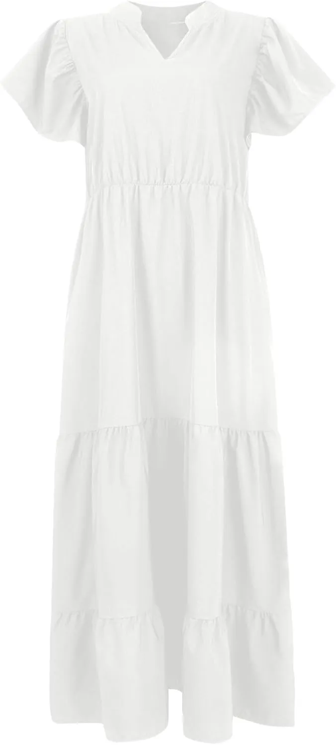 Women Plus Size Wedding Guest Dress V Neck Ruffle Short Sleeve Pleated Boho Elastic High Waist Midi A Line Dresses