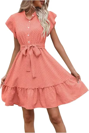 Women Polk Dot Flutter Sleeve Dress Button Down Stand Collar A-Line Shirt Dresses with Belt Summer Ruffle Hem Mini Dress