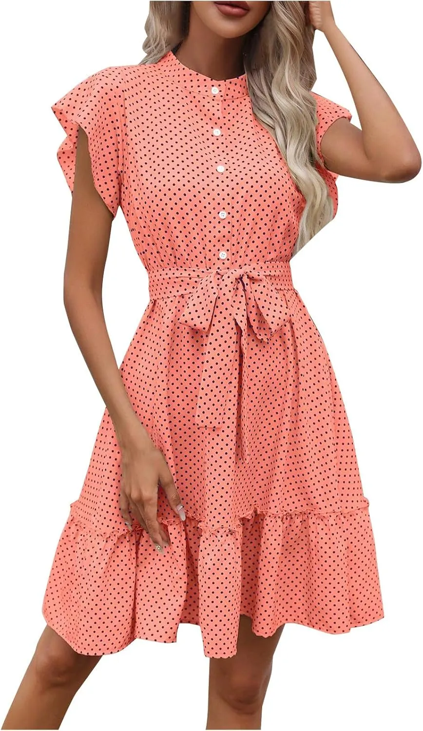 Women Polk Dot Flutter Sleeve Dress Button Down Stand Collar A-Line Shirt Dresses with Belt Summer Ruffle Hem Mini Dress