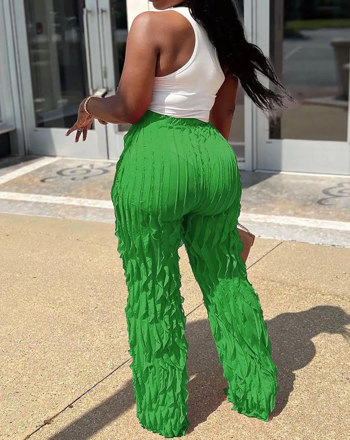 Women Sexy See Through Ruffle Wave Wide Leg Palazzo Pants Tassel Sheer Mesh High Waist Long Trousers Clubwear
