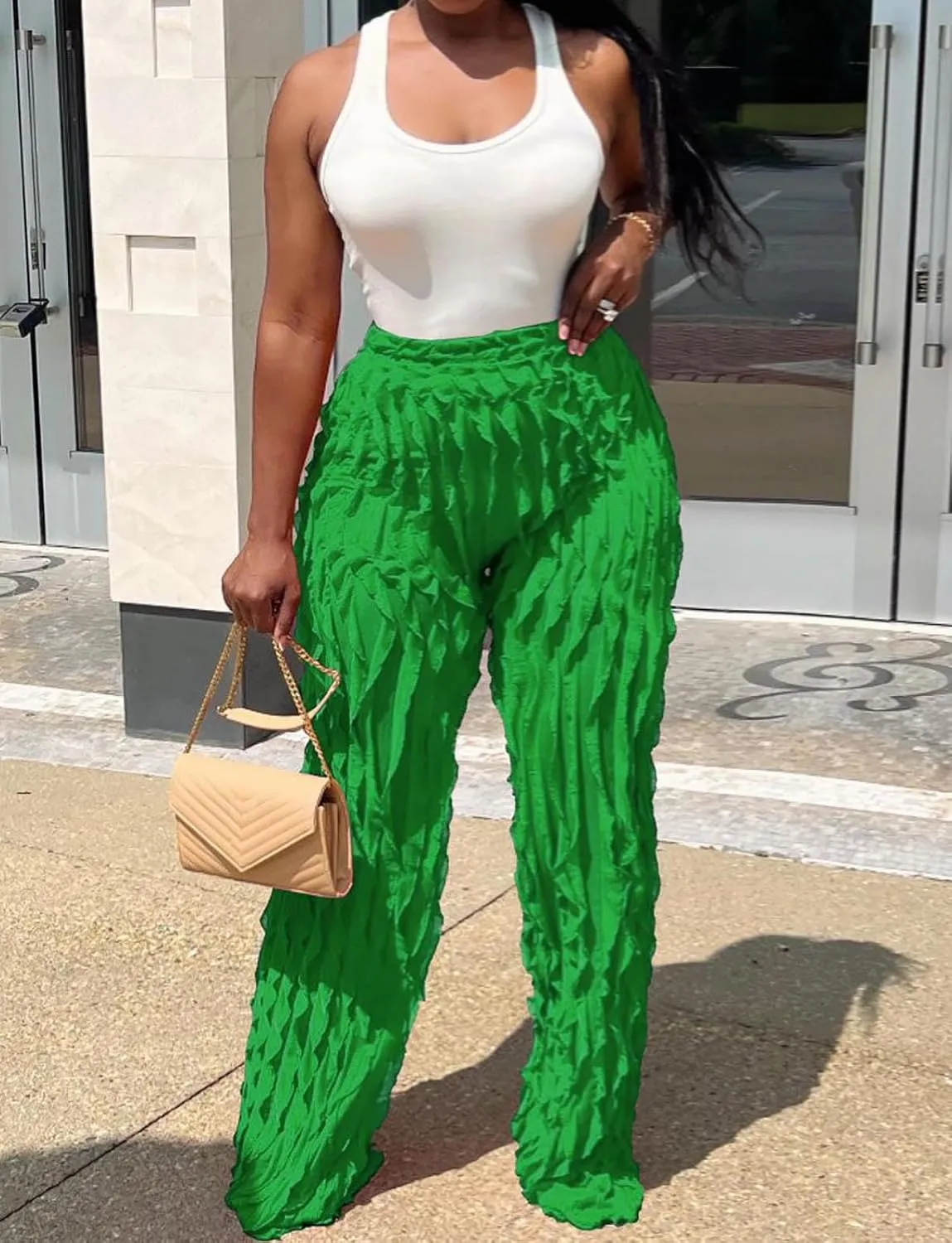 Women Sexy See Through Ruffle Wave Wide Leg Palazzo Pants Tassel Sheer Mesh High Waist Long Trousers Clubwear