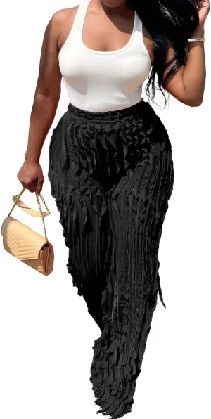 Women Sexy See Through Ruffle Wave Wide Leg Palazzo Pants Tassel Sheer Mesh High Waist Long Trousers Clubwear