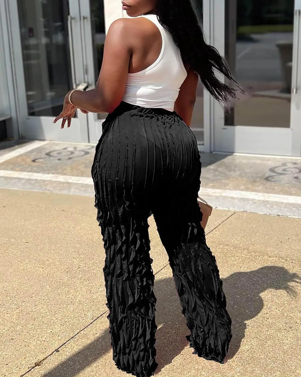 Women Sexy See Through Ruffle Wave Wide Leg Palazzo Pants Tassel Sheer Mesh High Waist Long Trousers Clubwear