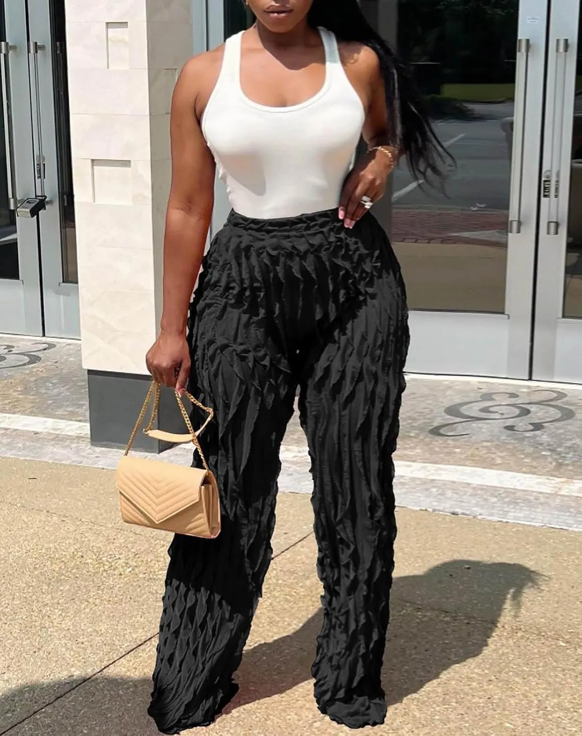 Women Sexy See Through Ruffle Wave Wide Leg Palazzo Pants Tassel Sheer Mesh High Waist Long Trousers Clubwear