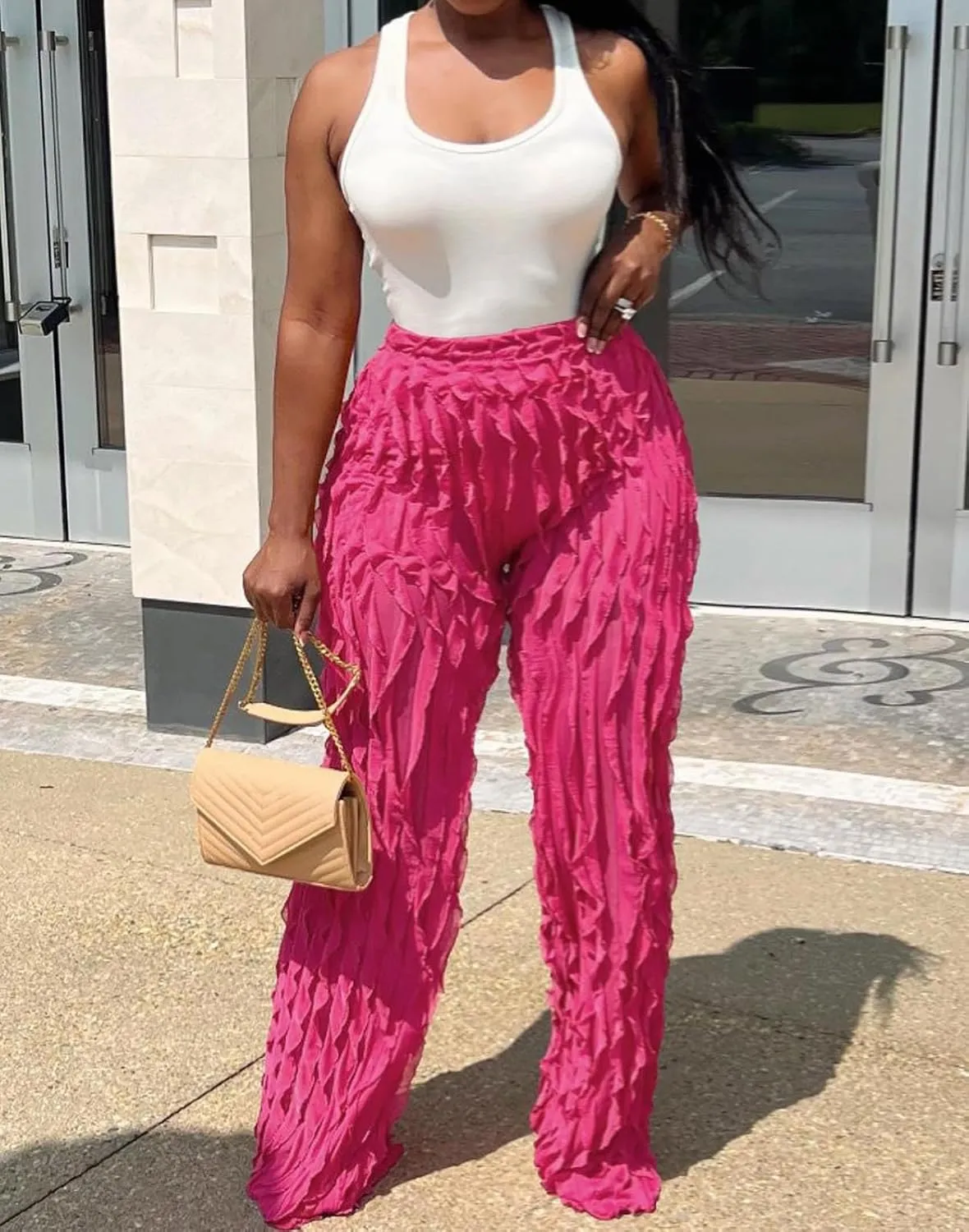 Women Sexy See Through Ruffle Wave Wide Leg Palazzo Pants Tassel Sheer Mesh High Waist Long Trousers Clubwear