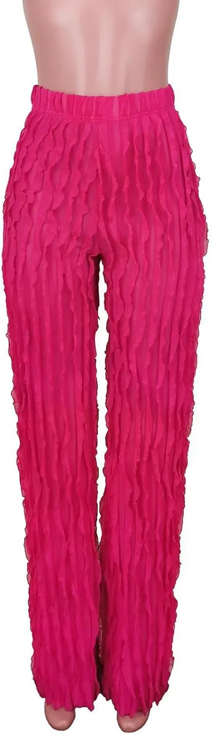 Women Sexy See Through Ruffle Wave Wide Leg Palazzo Pants Tassel Sheer Mesh High Waist Long Trousers Clubwear
