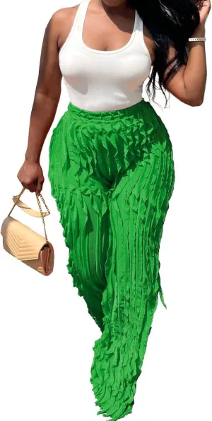 Women Sexy See Through Ruffle Wave Wide Leg Palazzo Pants Tassel Sheer Mesh High Waist Long Trousers Clubwear