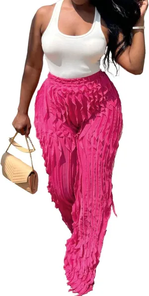 Women Sexy See Through Ruffle Wave Wide Leg Palazzo Pants Tassel Sheer Mesh High Waist Long Trousers Clubwear