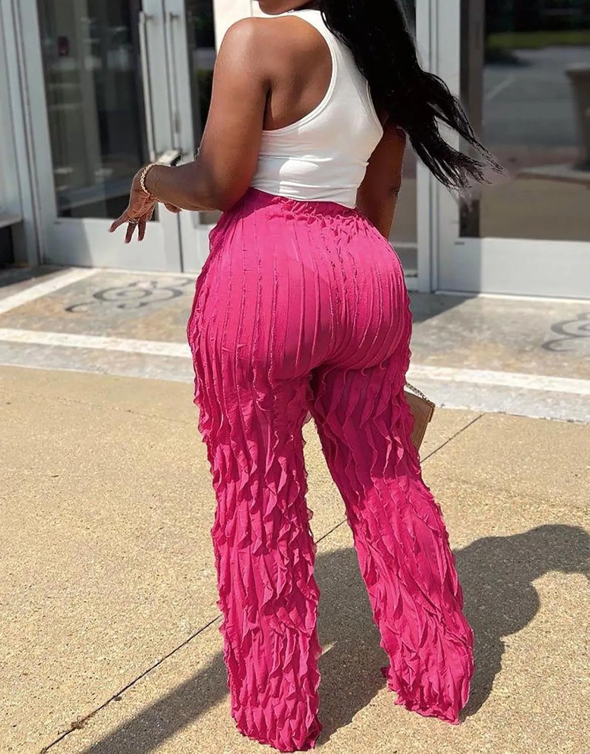 Women Sexy See Through Ruffle Wave Wide Leg Palazzo Pants Tassel Sheer Mesh High Waist Long Trousers Clubwear