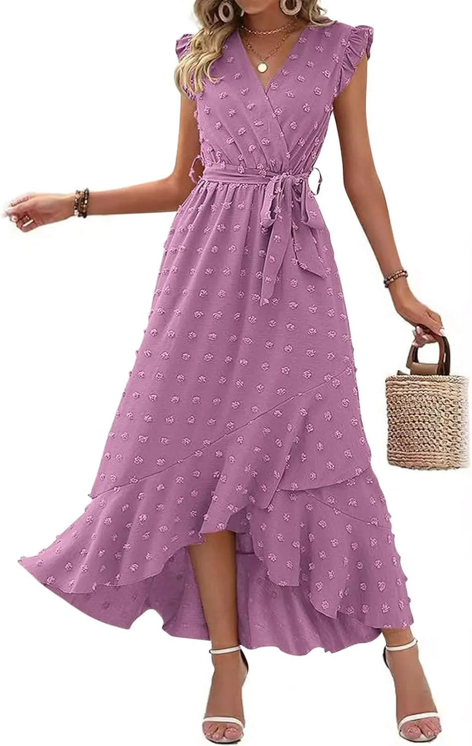 Women Summer 2024 Ruffle Cap Sleeve Wrap V Neck Belted Dress Irregular Ruffle Slit Swiss Dot Casual Beach Maxi Dresses