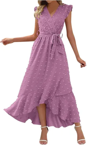 Women Summer 2024 Ruffle Cap Sleeve Wrap V Neck Belted Dress Irregular Ruffle Slit Swiss Dot Casual Beach Maxi Dresses