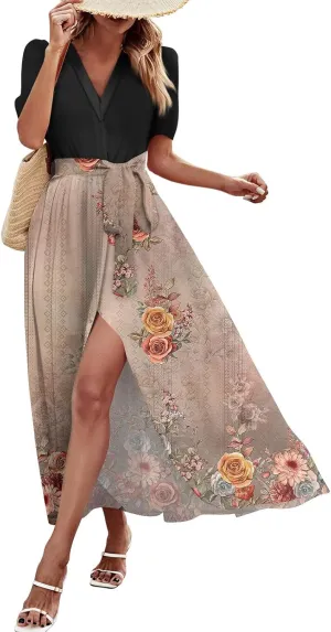 Women Summer Casual Short Sleeve V-Neck Aline Swing Flowy Tiered Shirt Maxi Beach Long Dress 2025 Trendy Outfits