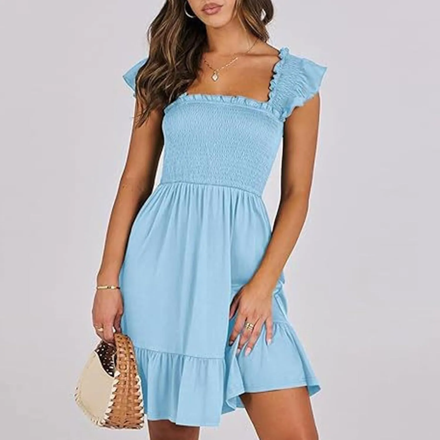 Women Summer Casual Sleeveless Square Neck Smocked Ruffle Backless Boho Mini Dress Flowy Beach Cute Swing Dress
