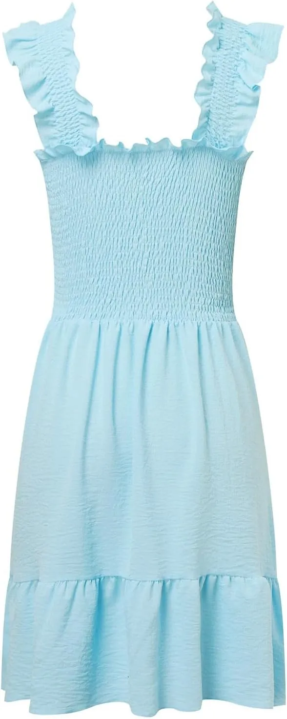 Women Summer Casual Sleeveless Square Neck Smocked Ruffle Backless Boho Mini Dress Flowy Beach Cute Swing Dress