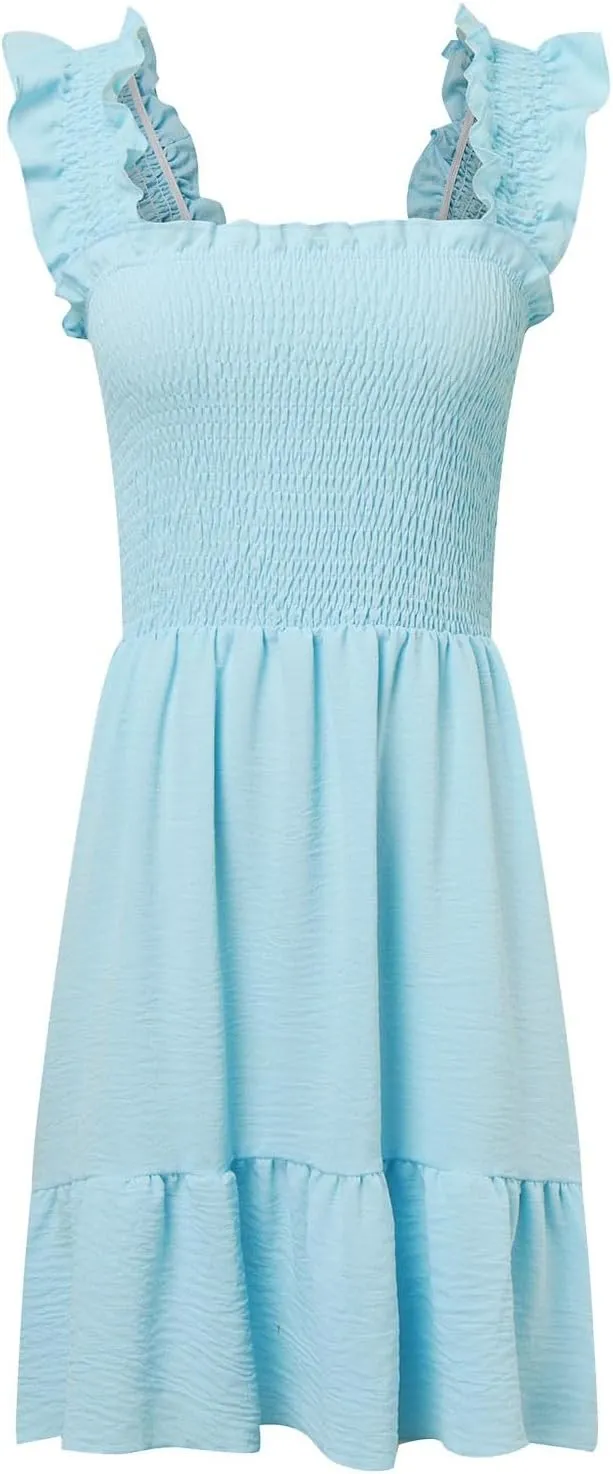 Women Summer Casual Sleeveless Square Neck Smocked Ruffle Backless Boho Mini Dress Flowy Beach Cute Swing Dress