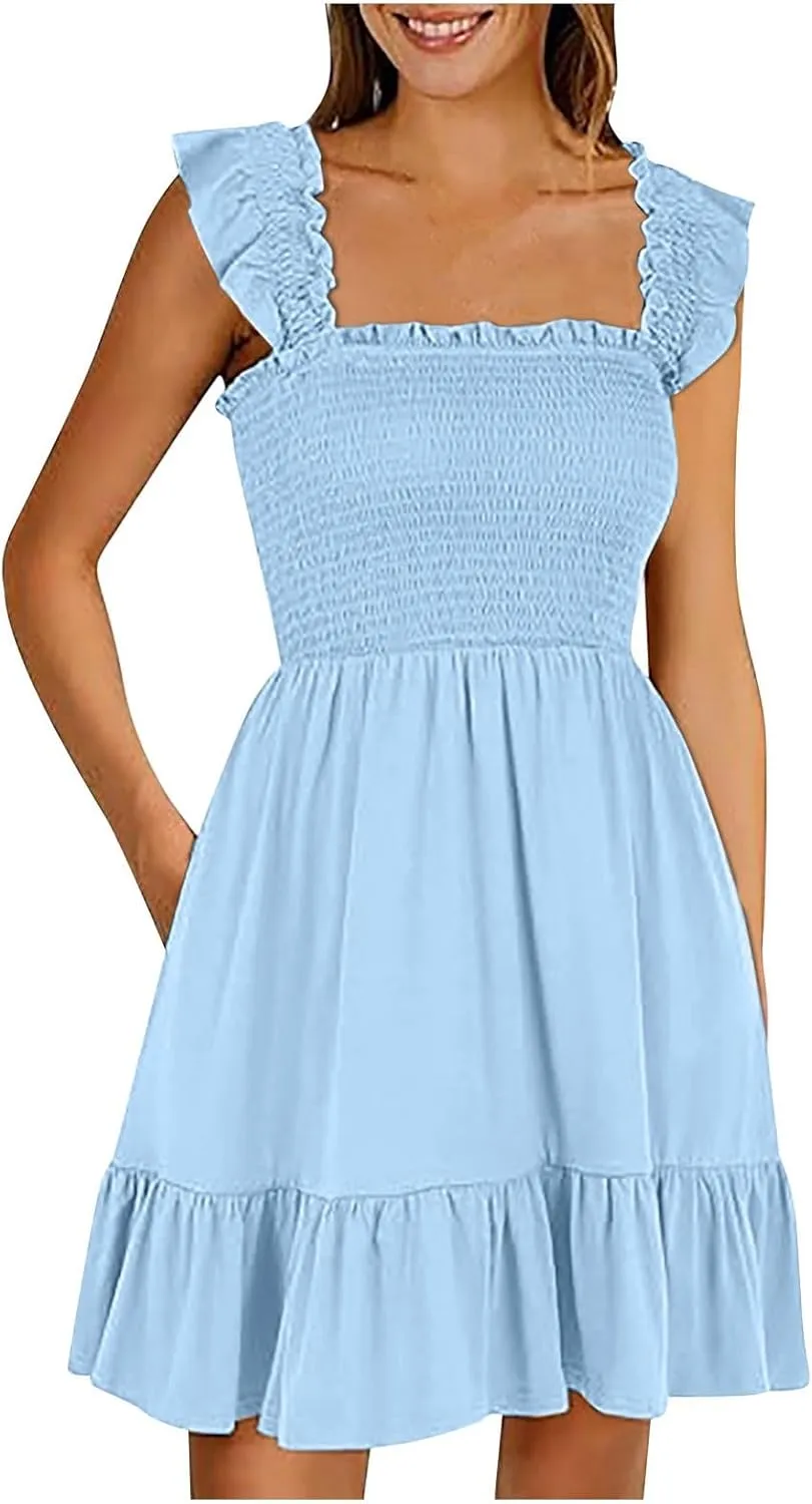 Women Summer Casual Sleeveless Square Neck Smocked Ruffle Backless Boho Mini Dress Flowy Beach Cute Swing Dress