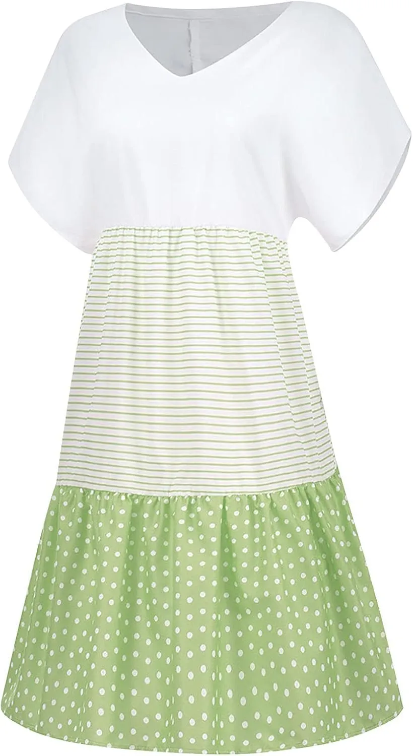 Women Summer Dresses 2024 Casual Short Sleeve V Neck Sundress Patchwork Plus Size V Neck Ruffle Beach Midi Dress
