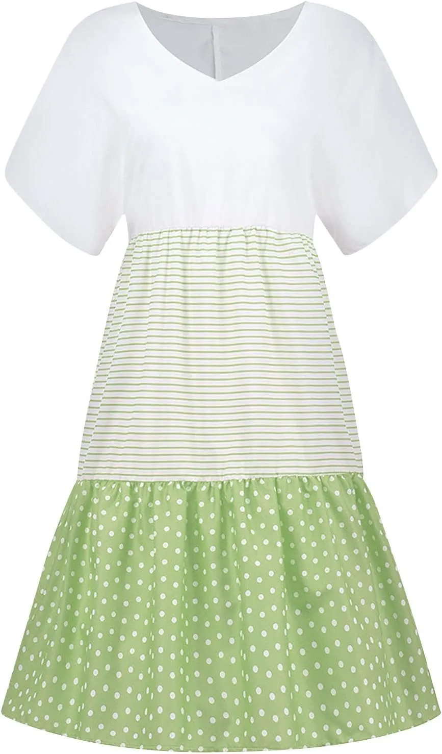 Women Summer Dresses 2024 Casual Short Sleeve V Neck Sundress Patchwork Plus Size V Neck Ruffle Beach Midi Dress