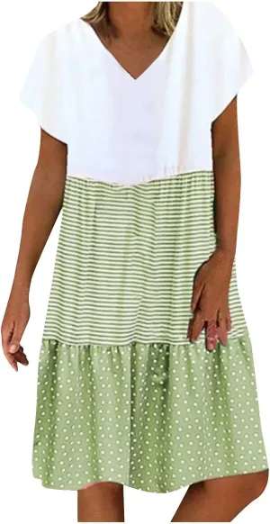 Women Summer Dresses 2024 Casual Short Sleeve V Neck Sundress Patchwork Plus Size V Neck Ruffle Beach Midi Dress