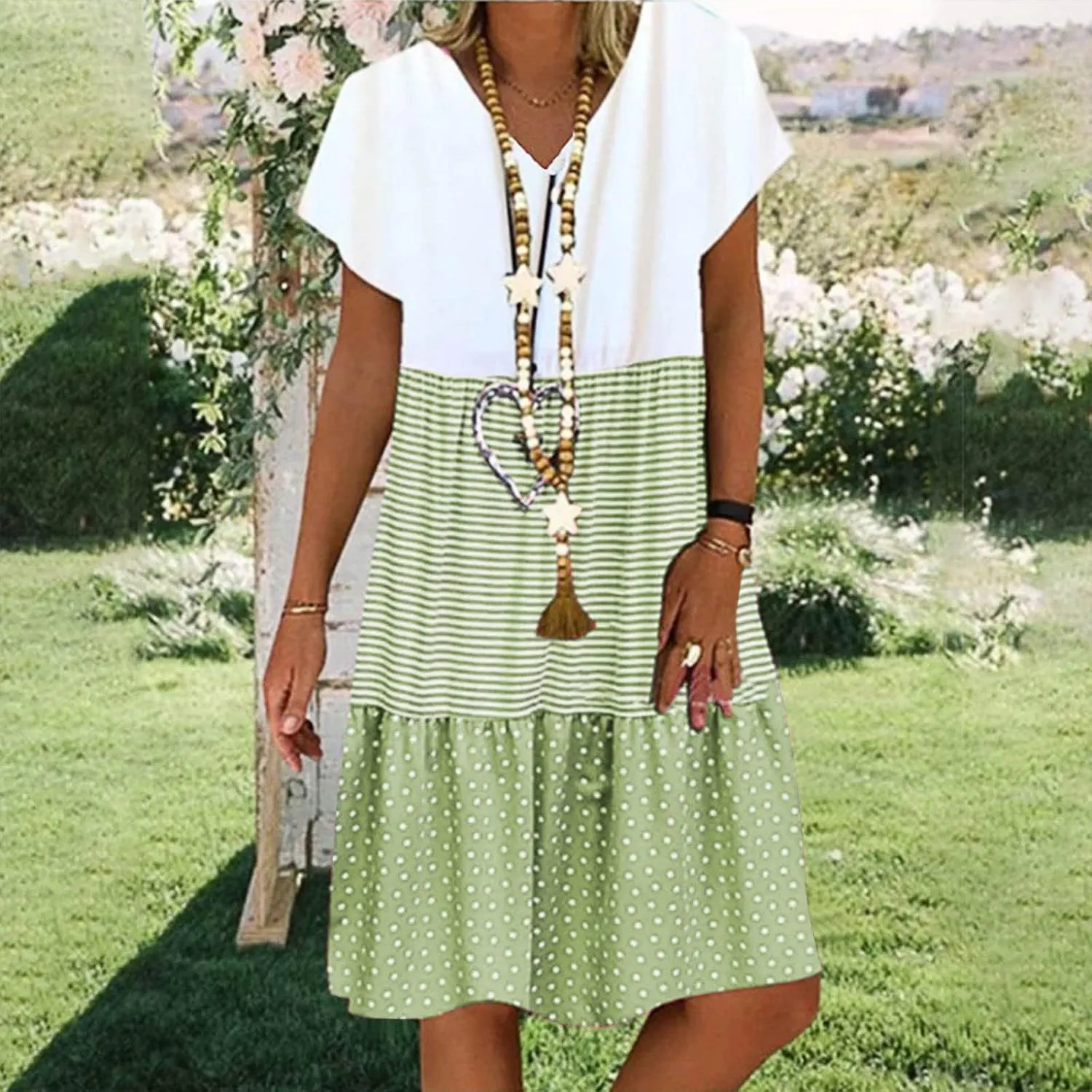 Women Summer Dresses 2024 Casual Short Sleeve V Neck Sundress Patchwork Plus Size V Neck Ruffle Beach Midi Dress