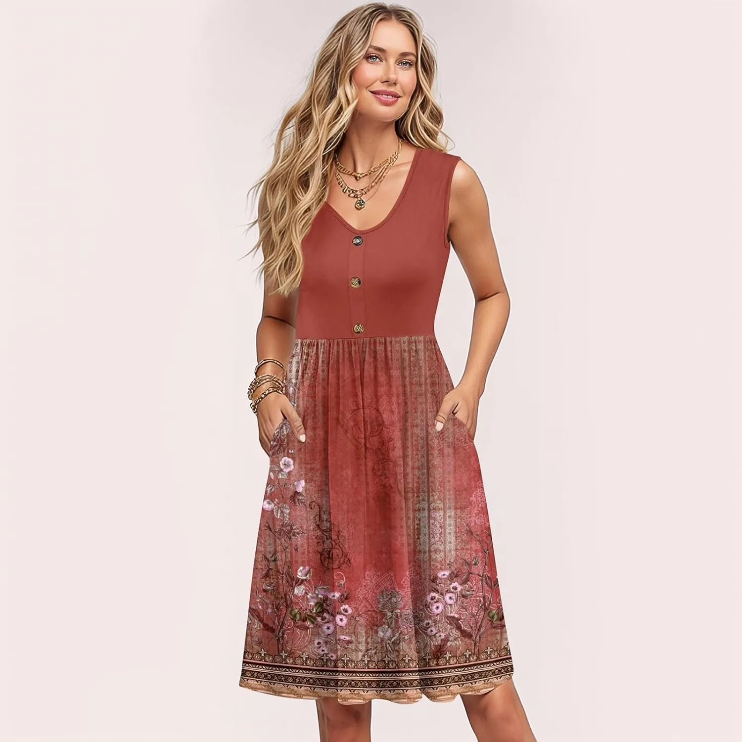 Women Summer Dresses 2025 Beach Vacation Tank Dress Casual Loose Swing Button Down Sleeveless Midi Sundress with Pockets