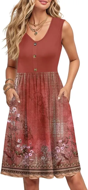Women Summer Dresses 2025 Beach Vacation Tank Dress Casual Loose Swing Button Down Sleeveless Midi Sundress with Pockets