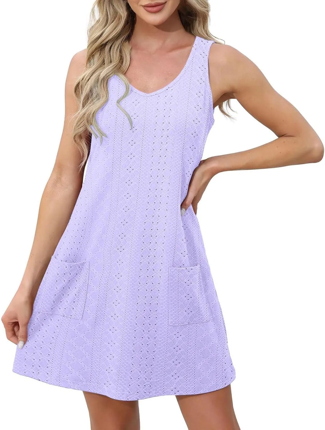 Women Summer Dresses Cap Sleeve Babydoll Eyelet Ruffle V Neck Mini Dress Plus Size Casual Loose Cover Up Dress