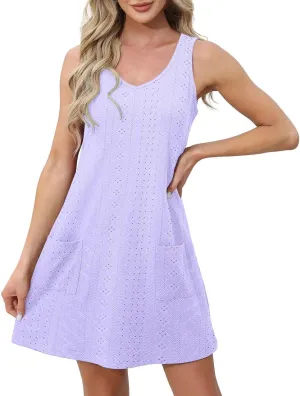 Women Summer Dresses Cap Sleeve Babydoll Eyelet Ruffle V Neck Mini Dress Plus Size Casual Loose Cover Up Dress