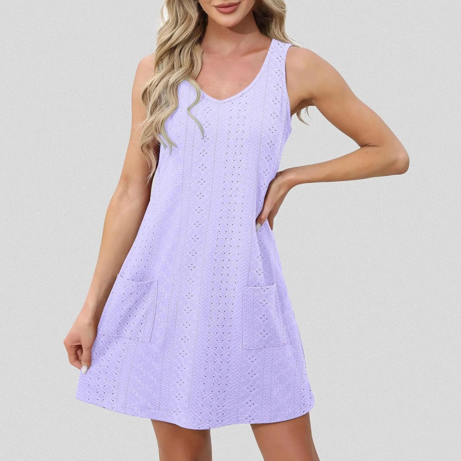 Women Summer Dresses Cap Sleeve Babydoll Eyelet Ruffle V Neck Mini Dress Plus Size Casual Loose Cover Up Dress