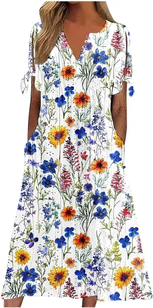 Women Summer Off Shoulder Midi Dresses Short Sleeve Floral Printed Retro Button Boho A Line Dress with Pockets