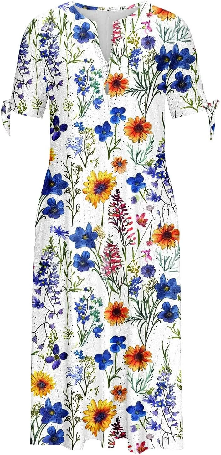 Women Summer Off Shoulder Midi Dresses Short Sleeve Floral Printed Retro Button Boho A Line Dress with Pockets