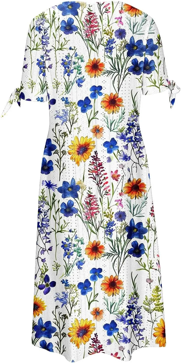 Women Summer Off Shoulder Midi Dresses Short Sleeve Floral Printed Retro Button Boho A Line Dress with Pockets