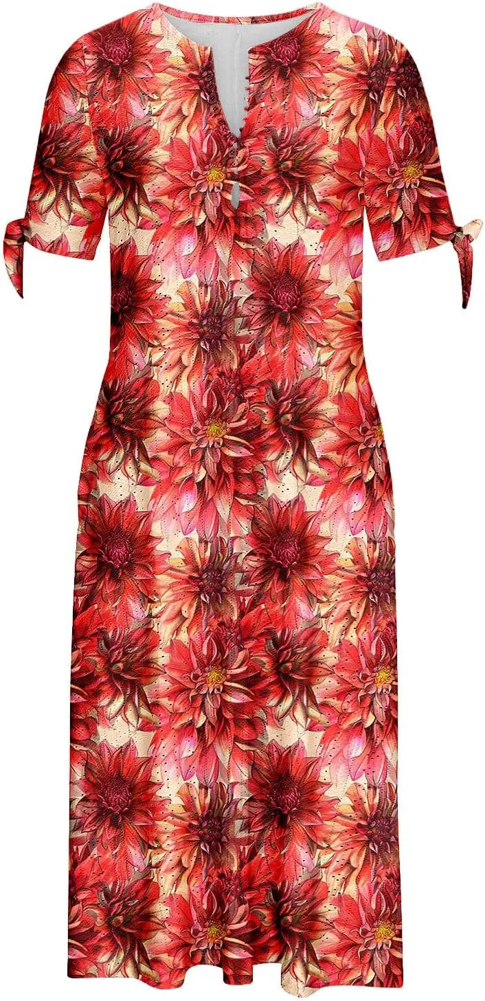 Women Summer Off Shoulder Midi Dresses Short Sleeve Floral Printed Retro Button Boho A Line Dress with Pockets