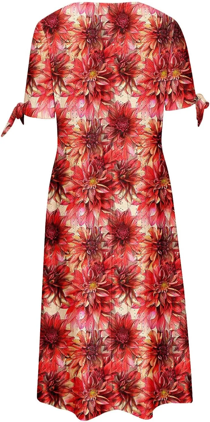 Women Summer Off Shoulder Midi Dresses Short Sleeve Floral Printed Retro Button Boho A Line Dress with Pockets