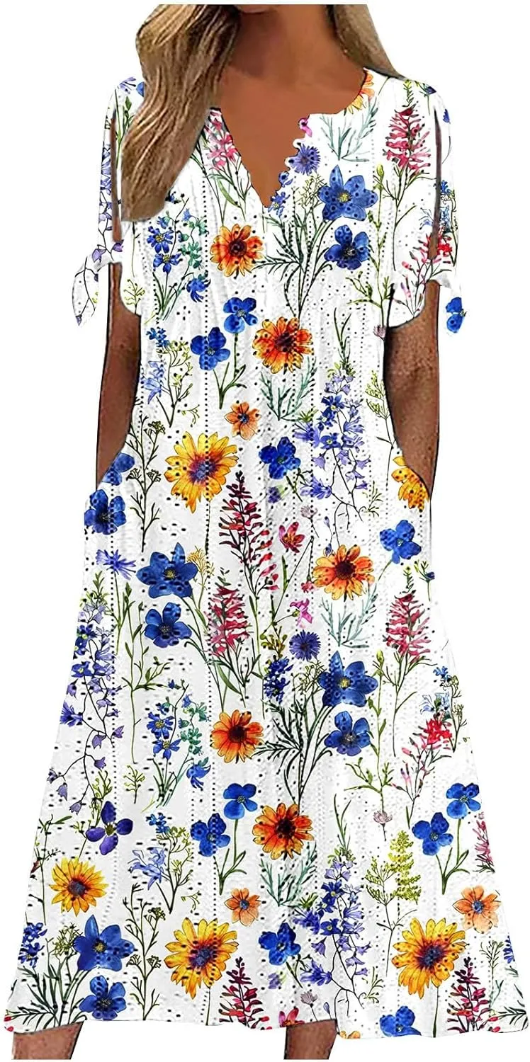 Women Summer Off Shoulder Midi Dresses Short Sleeve Floral Printed Retro Button Boho A Line Dress with Pockets