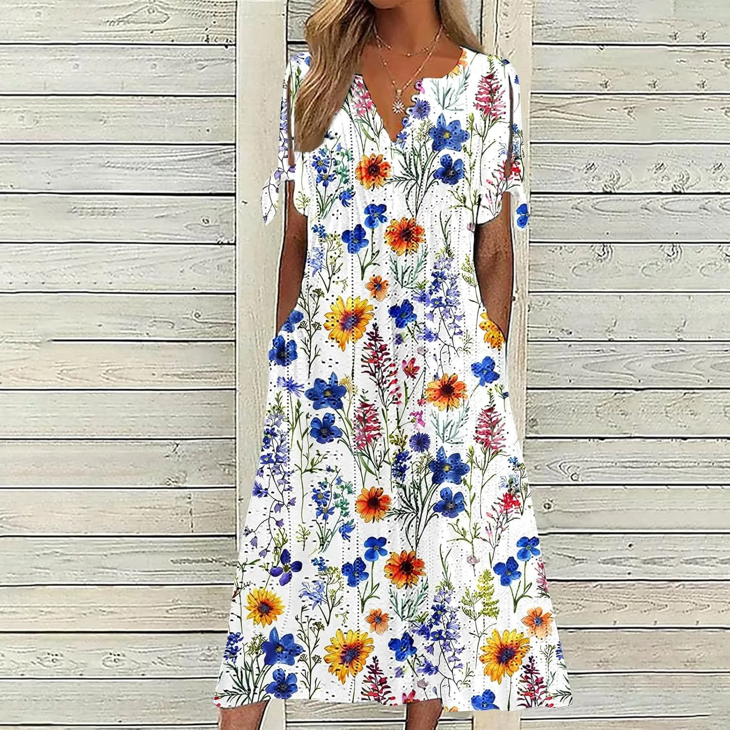 Women Summer Off Shoulder Midi Dresses Short Sleeve Floral Printed Retro Button Boho A Line Dress with Pockets