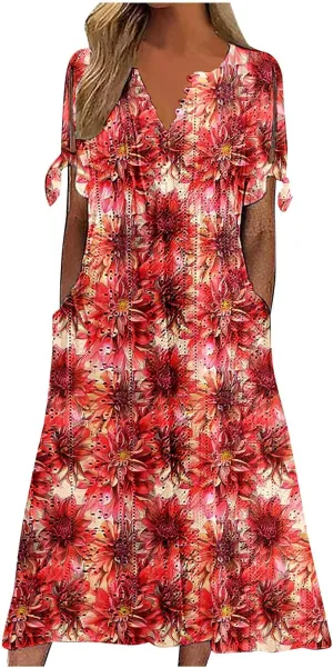Women Summer Off Shoulder Midi Dresses Short Sleeve Floral Printed Retro Button Boho A Line Dress with Pockets