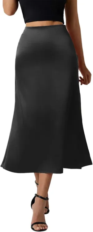 Women Summer Spring High Waist Satin Skirt Party Wedding Flowy Elegant A-Line Midi Skirts 2025, S-2XL