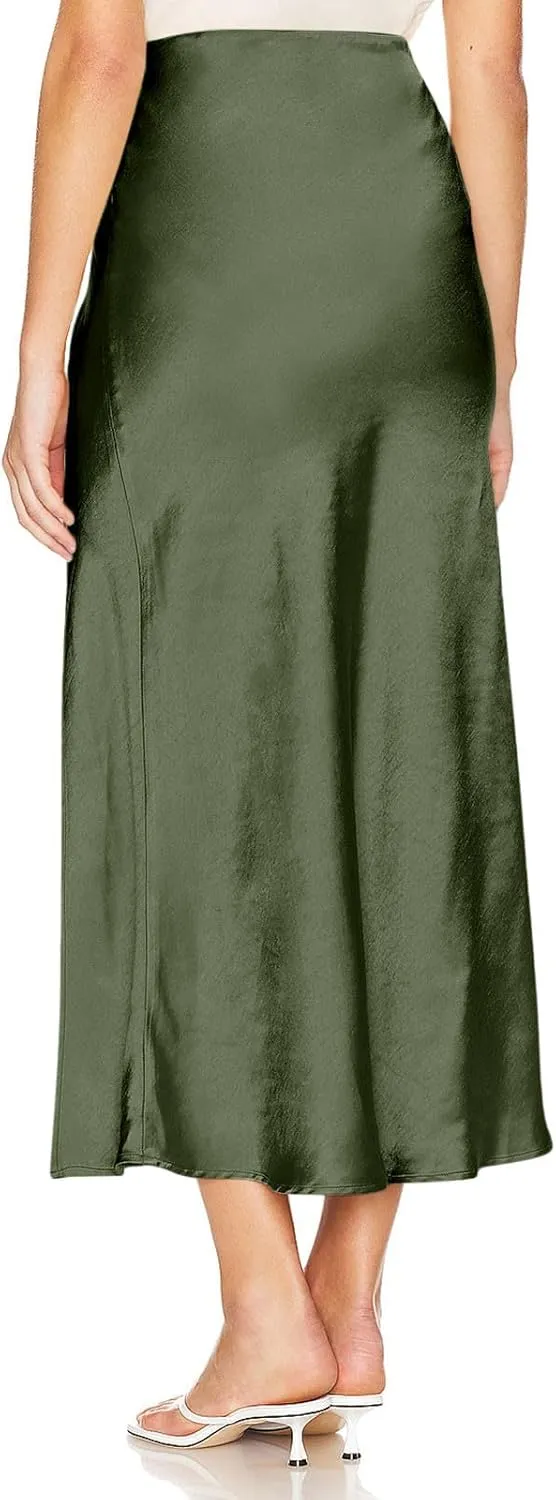 Women Summer Spring Long Satin Skirt Silk Elegant High Waist Cocktail Party Wedding Side Slit Flowy Aline Midi Skirts