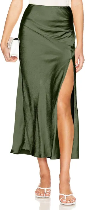 Women Summer Spring Long Satin Skirt Silk Elegant High Waist Cocktail Party Wedding Side Slit Flowy Aline Midi Skirts
