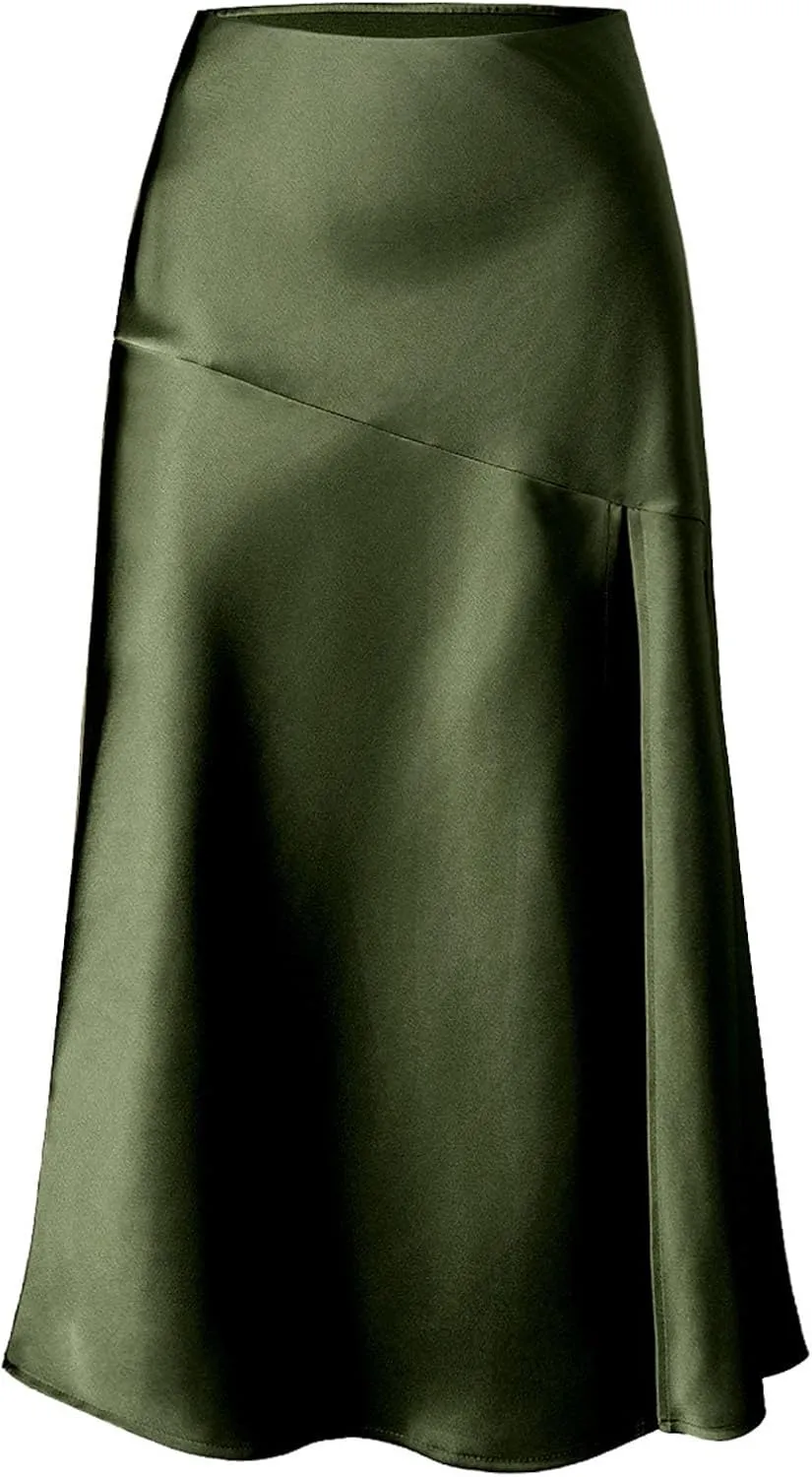 Women Summer Spring Long Satin Skirt Silk Elegant High Waist Cocktail Party Wedding Side Slit Flowy Aline Midi Skirts
