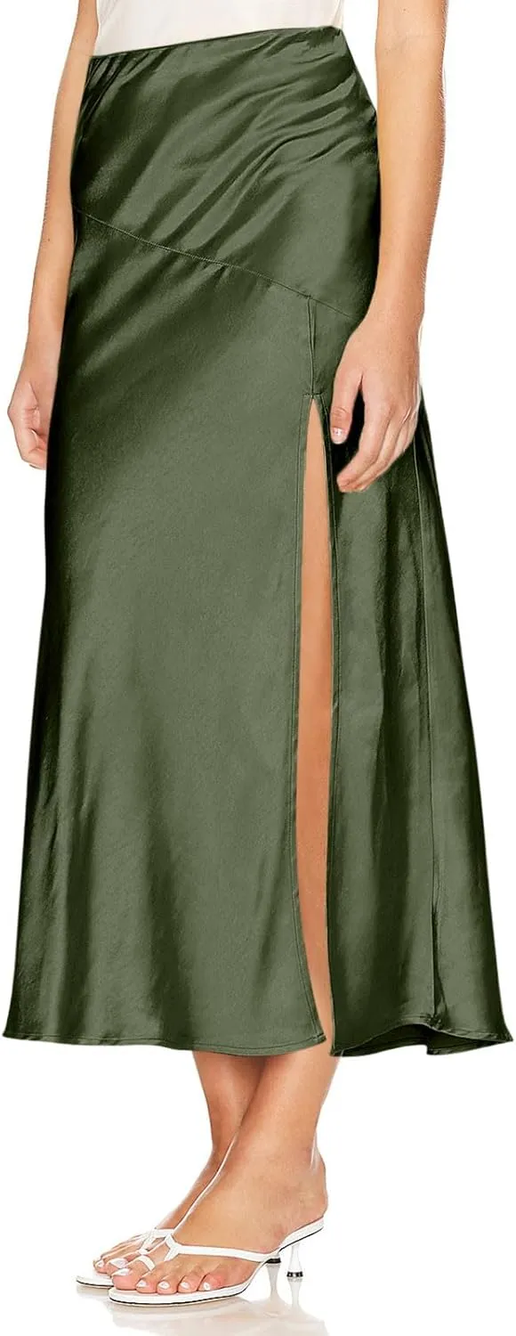 Women Summer Spring Long Satin Skirt Silk Elegant High Waist Cocktail Party Wedding Side Slit Flowy Aline Midi Skirts