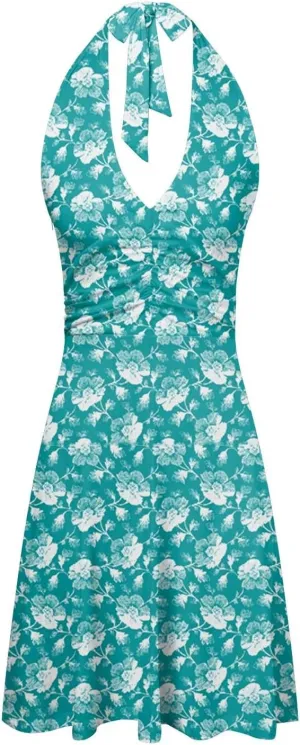 Women Summer Sundress Sleeveless Halter Deep V Neck Backless Boho Floral with Pocket Elastic Waist Ruffle Midi Dress