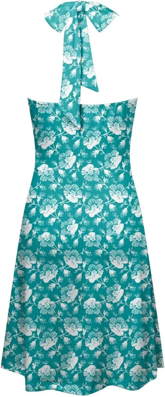Women Summer Sundress Sleeveless Halter Deep V Neck Backless Boho Floral with Pocket Elastic Waist Ruffle Midi Dress
