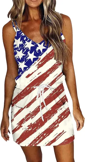 Women Sun Dresses Summer Casual Sleeveless Color Block Beach Short Dress with Pockets