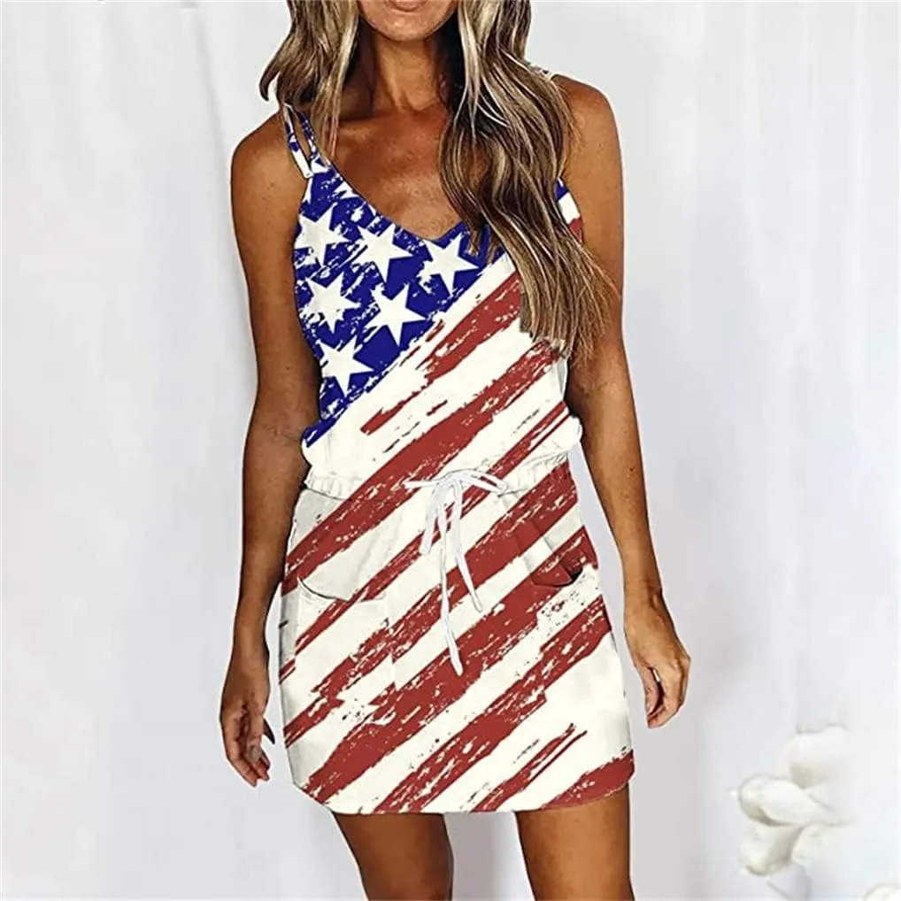 Women Sun Dresses Summer Casual Sleeveless Color Block Beach Short Dress with Pockets