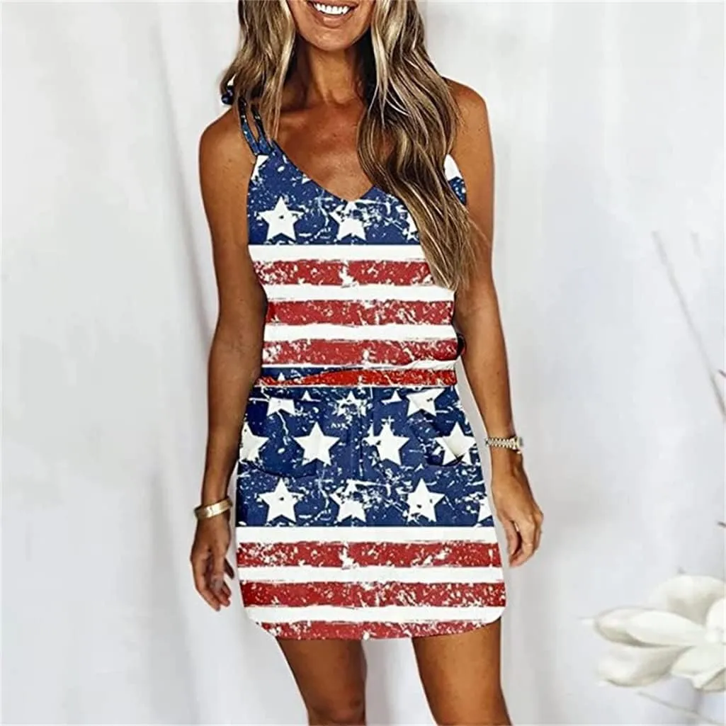 Women Sun Dresses Summer Casual Sleeveless Color Block Beach Short Dress with Pockets