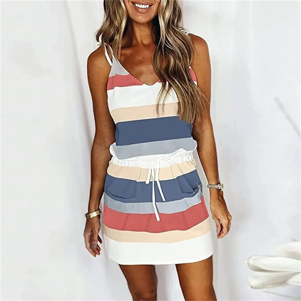 Women Sun Dresses Summer Casual Sleeveless Color Block Beach Short Dress with Pockets